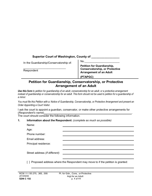 Form GDN C102 Petition for Guardianship, Conservatorship, or Protective Arrangement of an Adult - Washington
