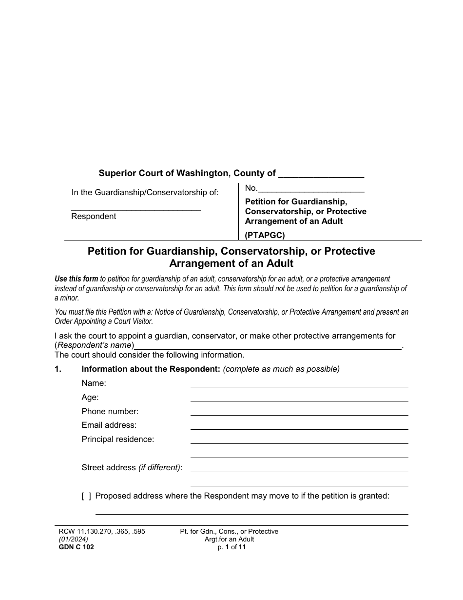 Form GDN C102 Petition for Guardianship, Conservatorship, or Protective Arrangement of an Adult - Washington, Page 1