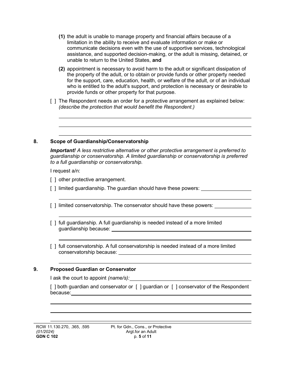 Form GDN C102 Petition for Guardianship, Conservatorship, or Protective Arrangement of an Adult - Washington, Page 5