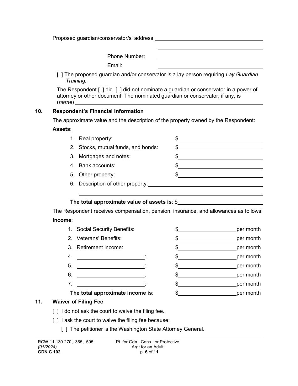 Form GDN C102 Petition for Guardianship, Conservatorship, or Protective Arrangement of an Adult - Washington, Page 6