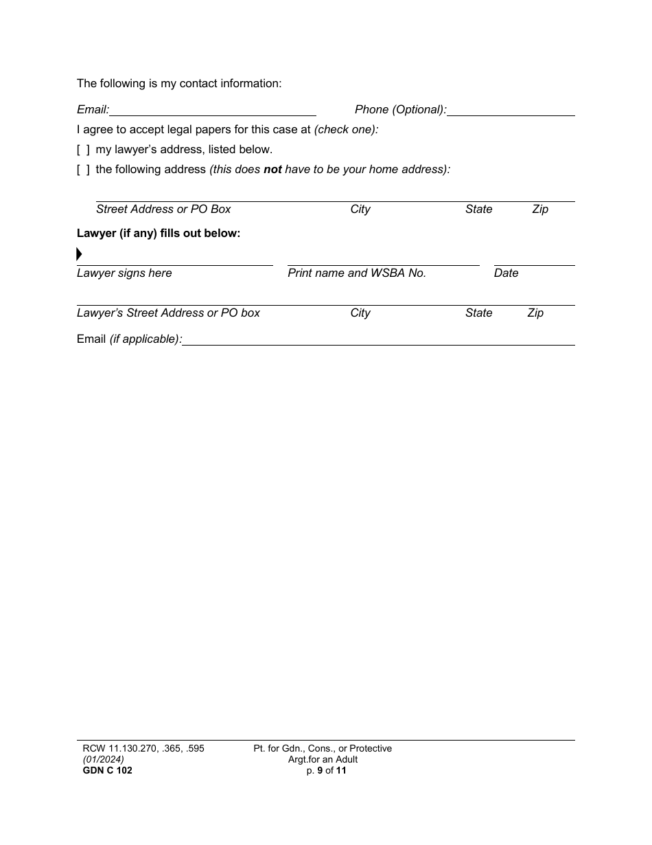 Form GDN C102 Petition for Guardianship, Conservatorship, or Protective Arrangement of an Adult - Washington, Page 9