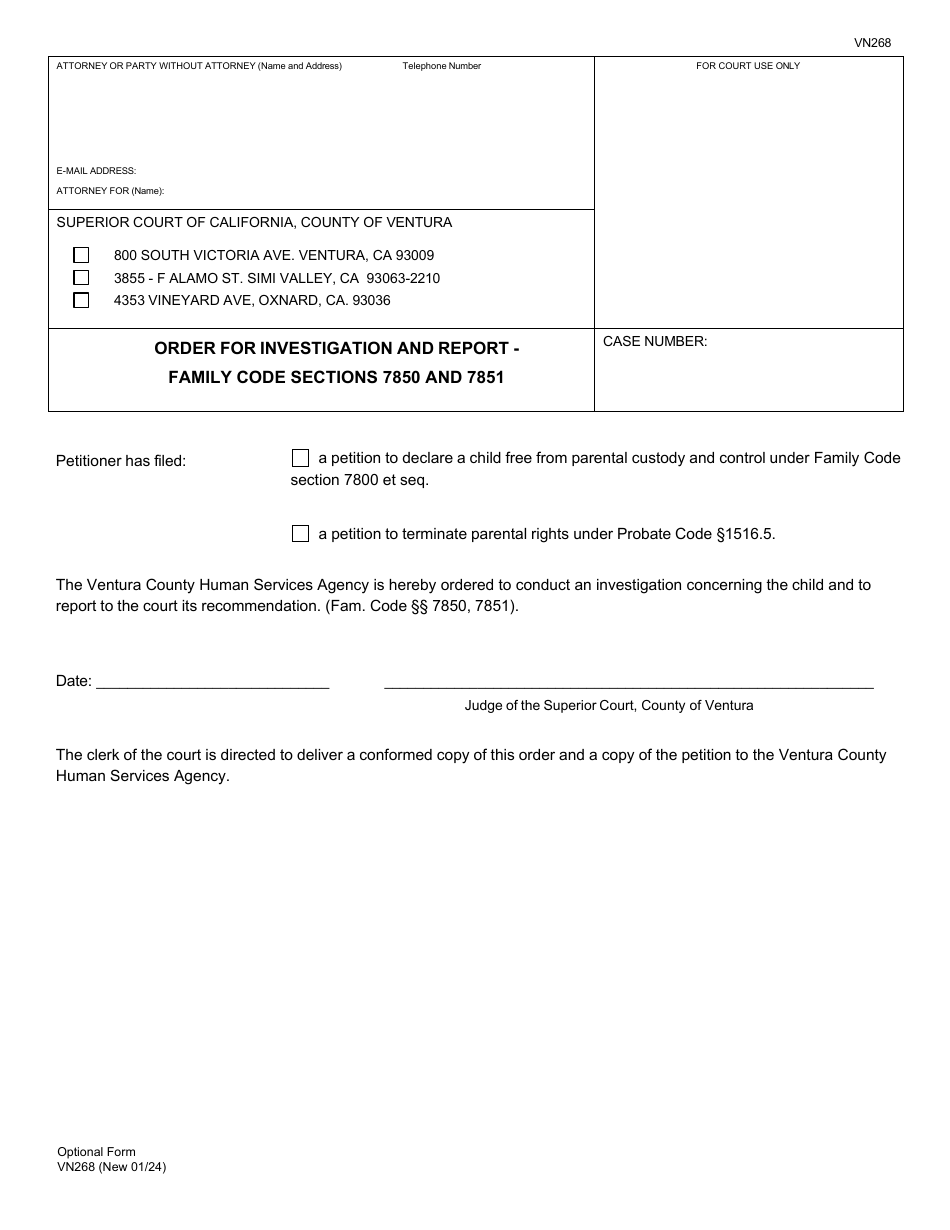 Form VN268 Order for Investigation and Report - Family Code Sections 7850 and 7851 - County of Ventura, California, Page 1
