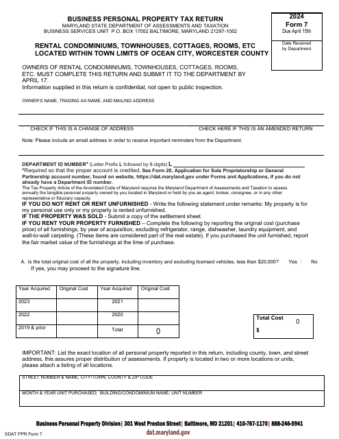Form 7 Business Personal Property Tax Return - Rental Condominiums, Townhouses, Cottages, Rooms, Etc Located Within Town Limits of Ocean City, Worcester County - Maryland, 2024