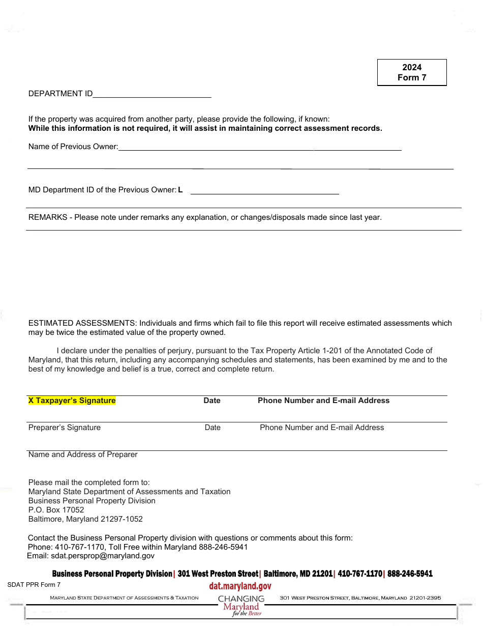 Form 7 Business Personal Property Tax Return - Rental Condominiums, Townhouses, Cottages, Rooms, Etc Located Within Town Limits of Ocean City, Worcester County - Maryland, Page 2