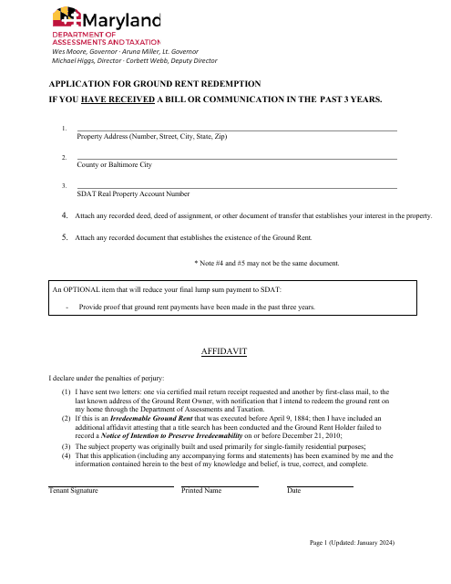 Application for Ground Rent Redemption if You Have Received a Bill or Communication in the Past 3 Years - Maryland Download Pdf