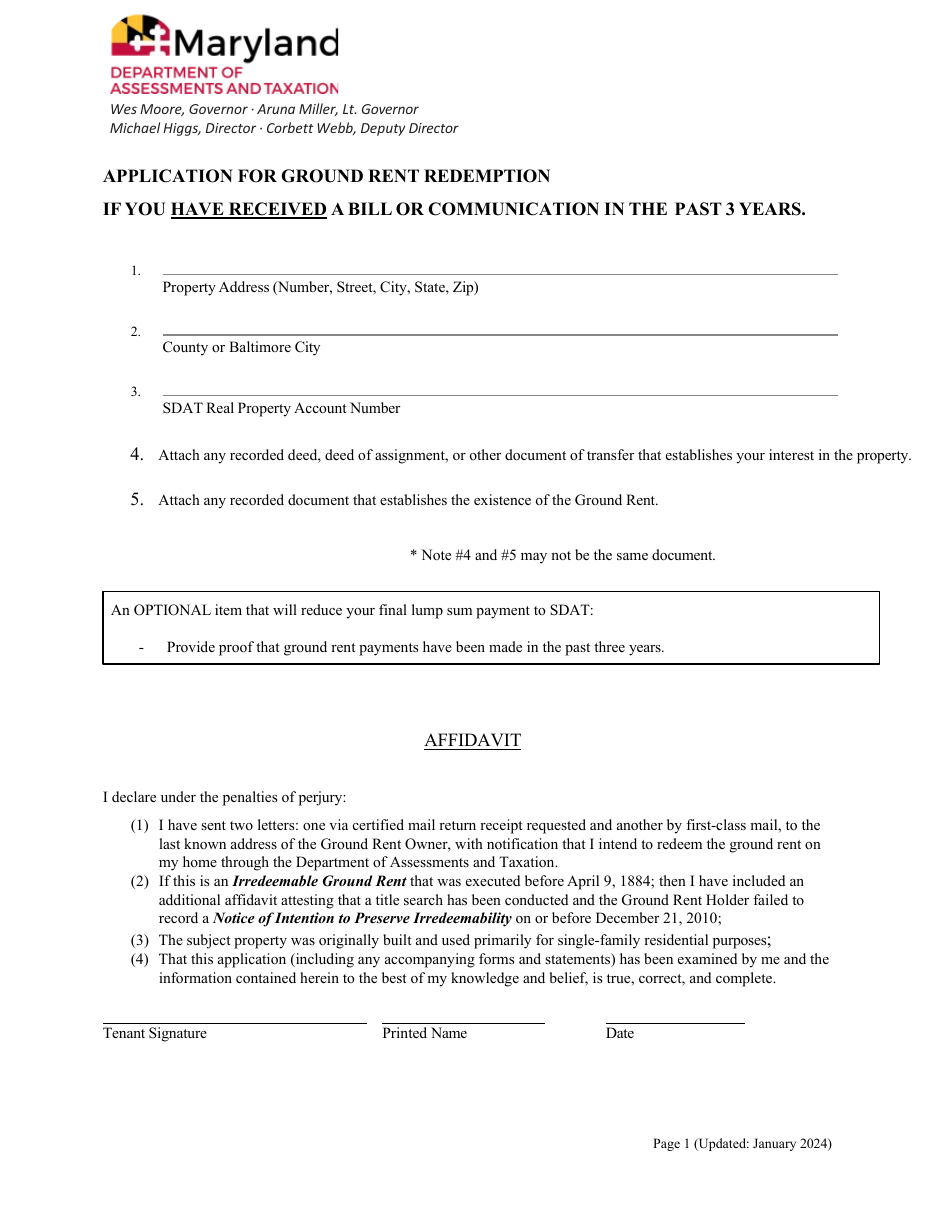 Application for Ground Rent Redemption if You Have Received a Bill or Communication in the Past 3 Years - Maryland, Page 1