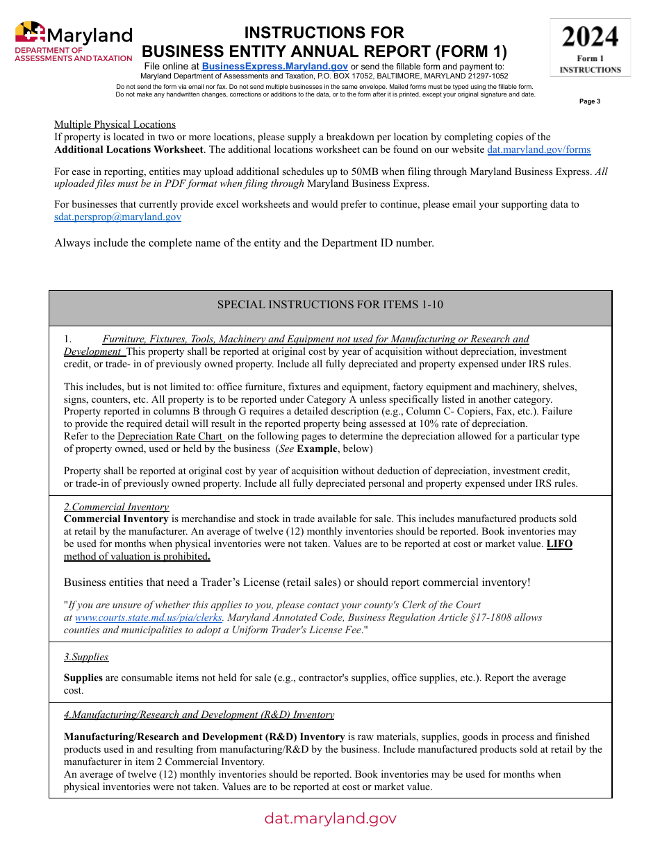 Instructions for Form 1 Business Entity Annual Report - Maryland, Page 3