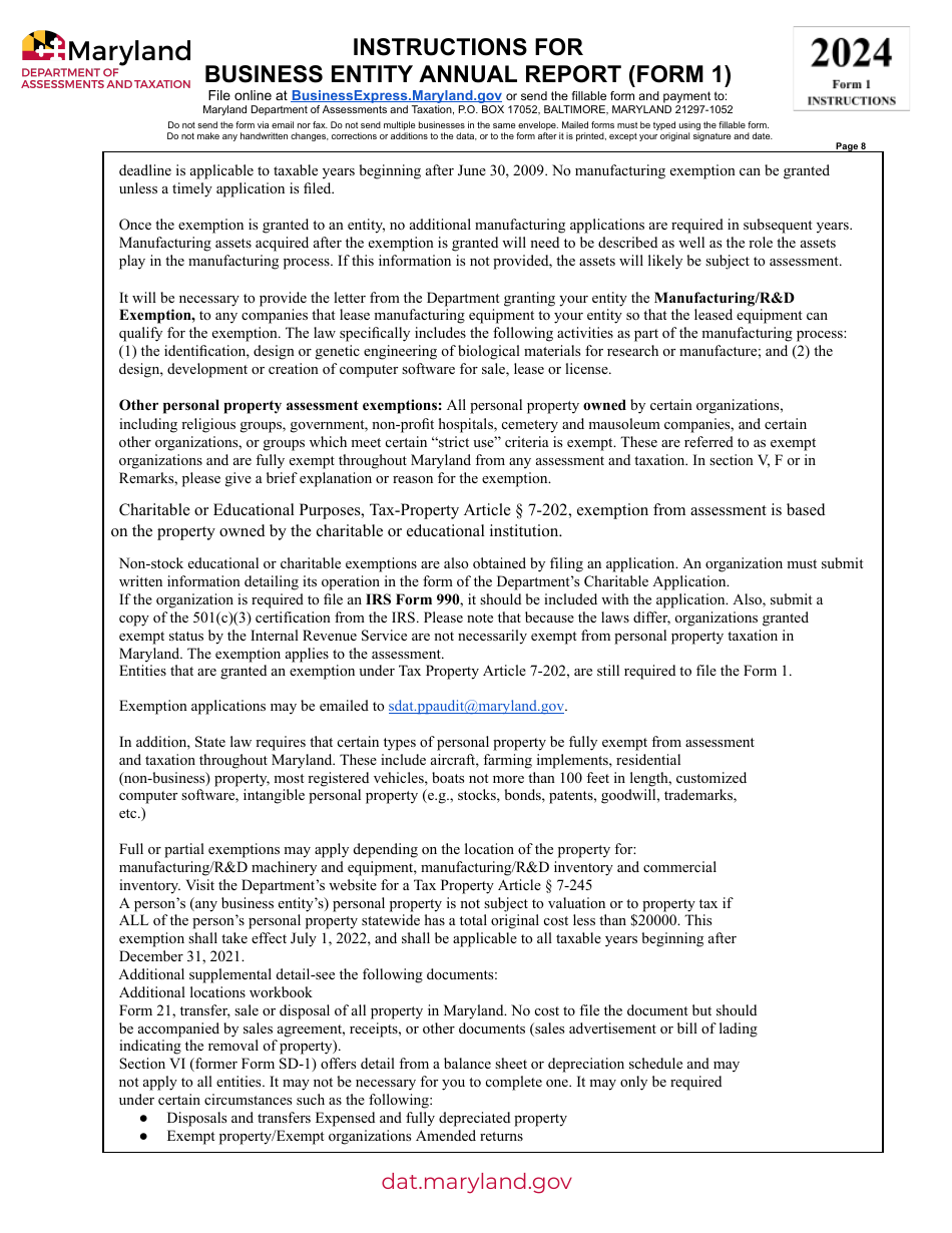 Instructions for Form 1 Business Entity Annual Report - Maryland, Page 8