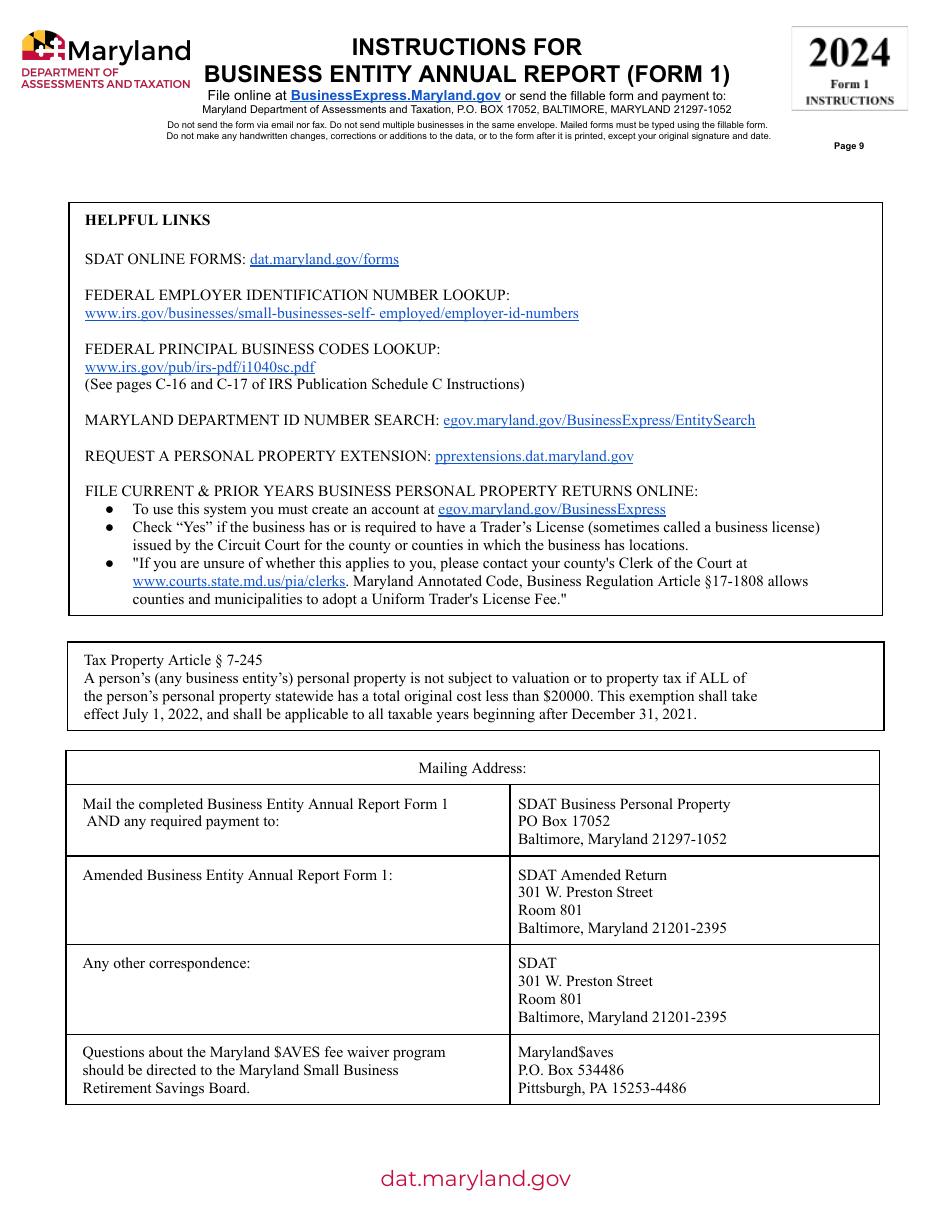 Download instructions for form 1 business entity annual report pdf