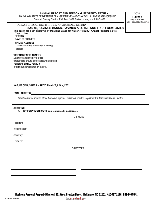 Form 5 Annual Report and Personal Property Return - Banks, Savings Banks, Savings & Loans and Trust Companies - Maryland, 2024