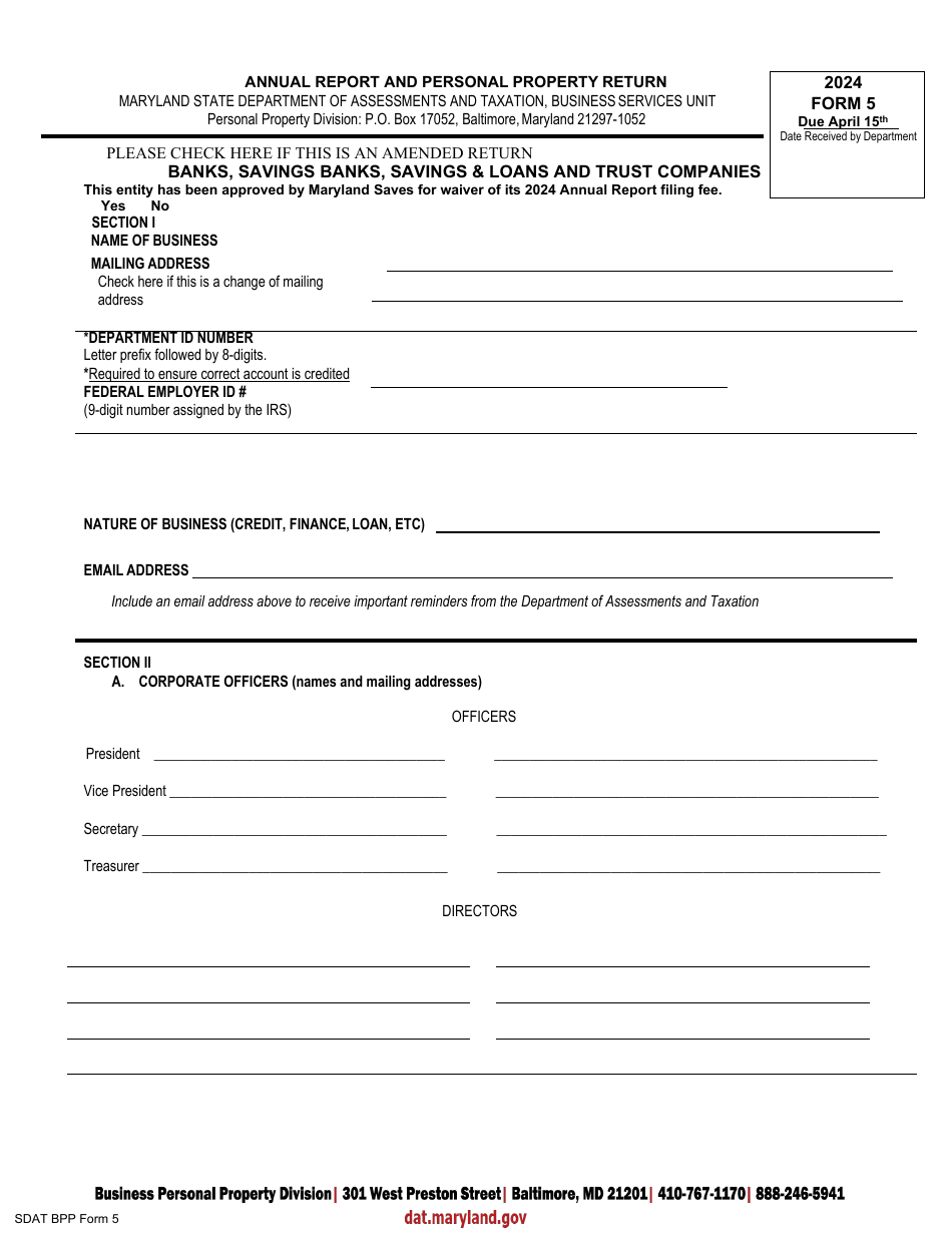 Form 5 Annual Report and Personal Property Return - Banks, Savings Banks, Savings  Loans and Trust Companies - Maryland, Page 1