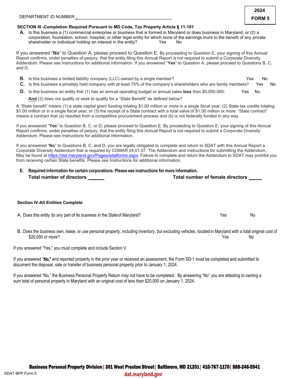 Form 5 Annual Report and Personal Property Return - Banks, Savings Banks, Savings  Loans and Trust Companies - Maryland, Page 2