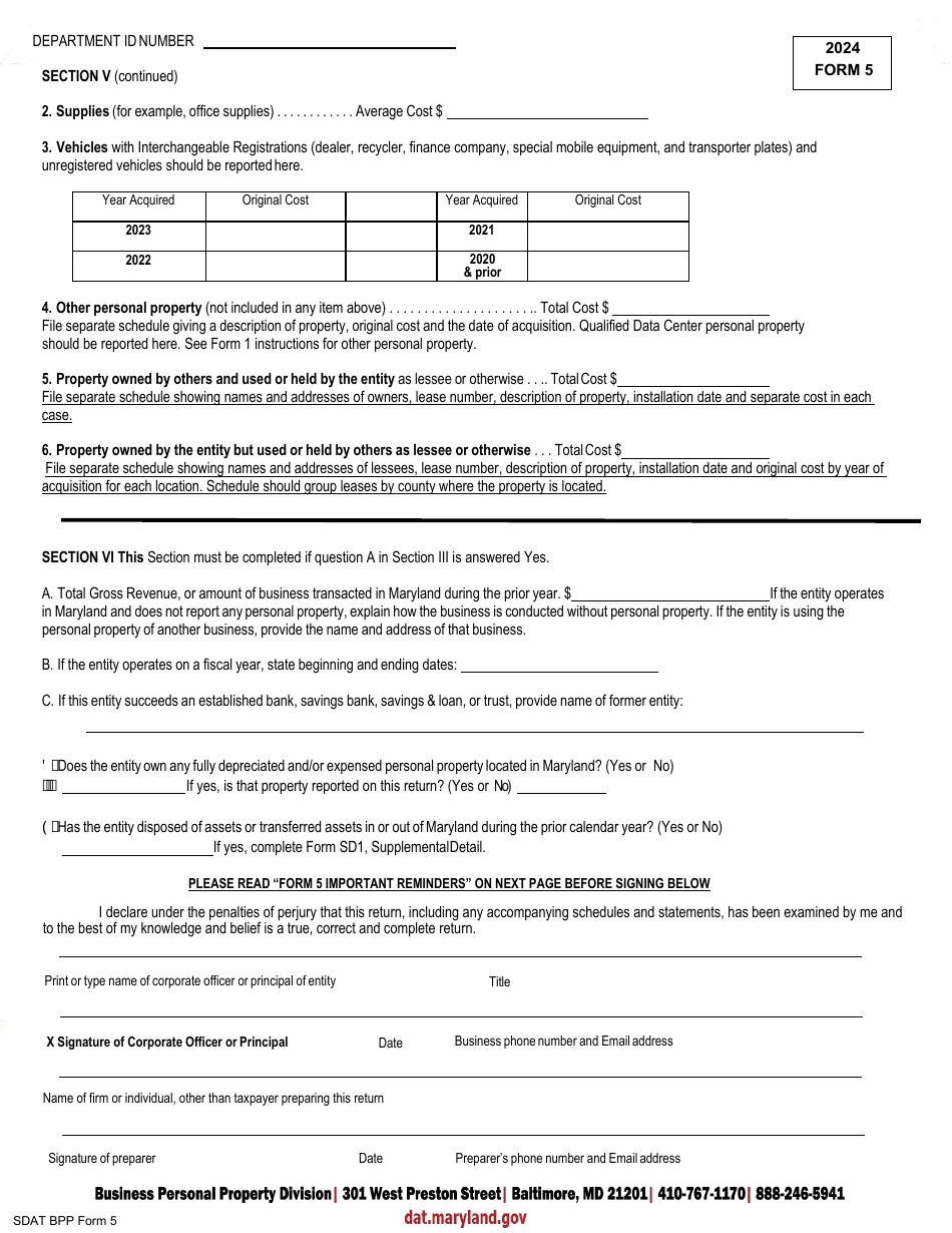 Form 5 Annual Report and Personal Property Return - Banks, Savings Banks, Savings  Loans and Trust Companies - Maryland, Page 5