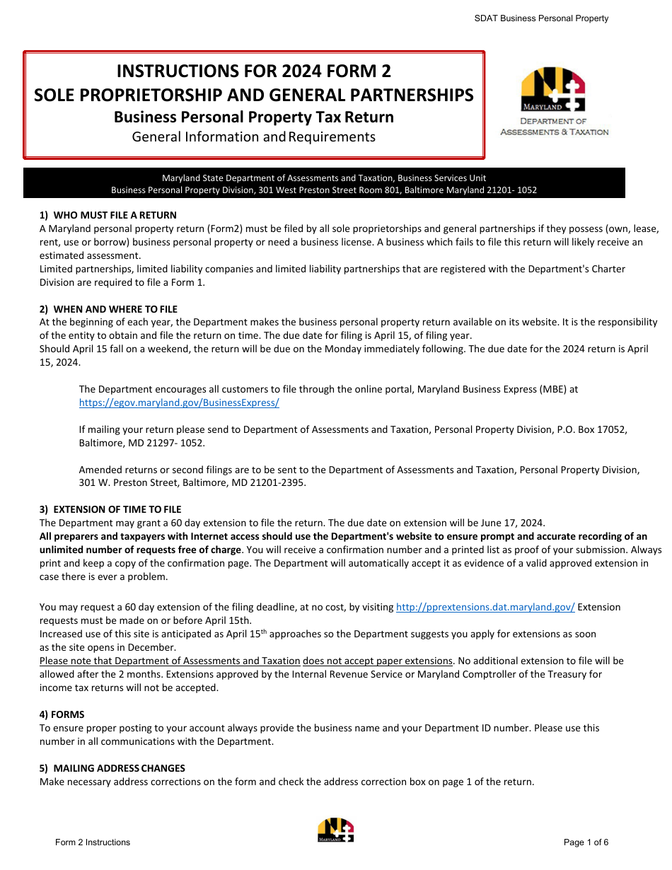 Instructions for Form 2 Business Personal Property Return - Sole Proprietorship and General Partnerships - Maryland, Page 1