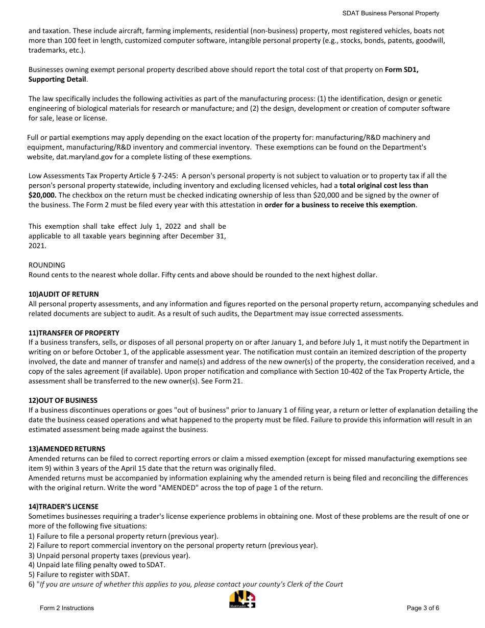 Instructions for Form 2 Business Personal Property Return - Sole Proprietorship and General Partnerships - Maryland, Page 3