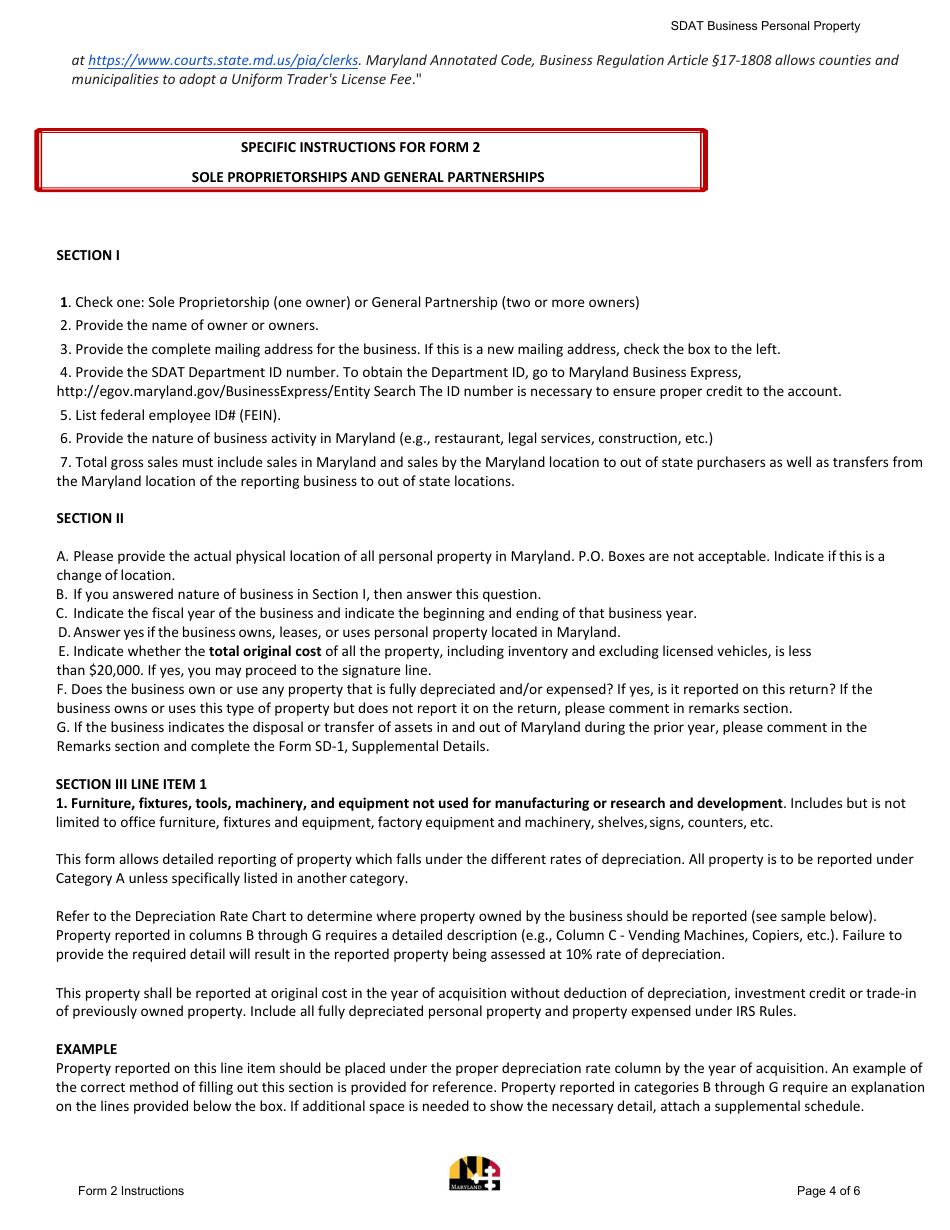 Instructions for Form 2 Business Personal Property Return - Sole Proprietorship and General Partnerships - Maryland, Page 4