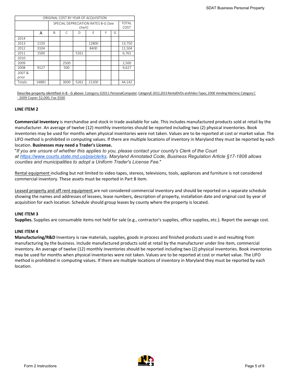 Instructions for Form 2 Business Personal Property Return - Sole Proprietorship and General Partnerships - Maryland, Page 5
