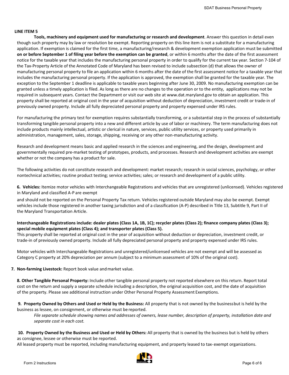 Instructions for Form 2 Business Personal Property Return - Sole Proprietorship and General Partnerships - Maryland, Page 6
