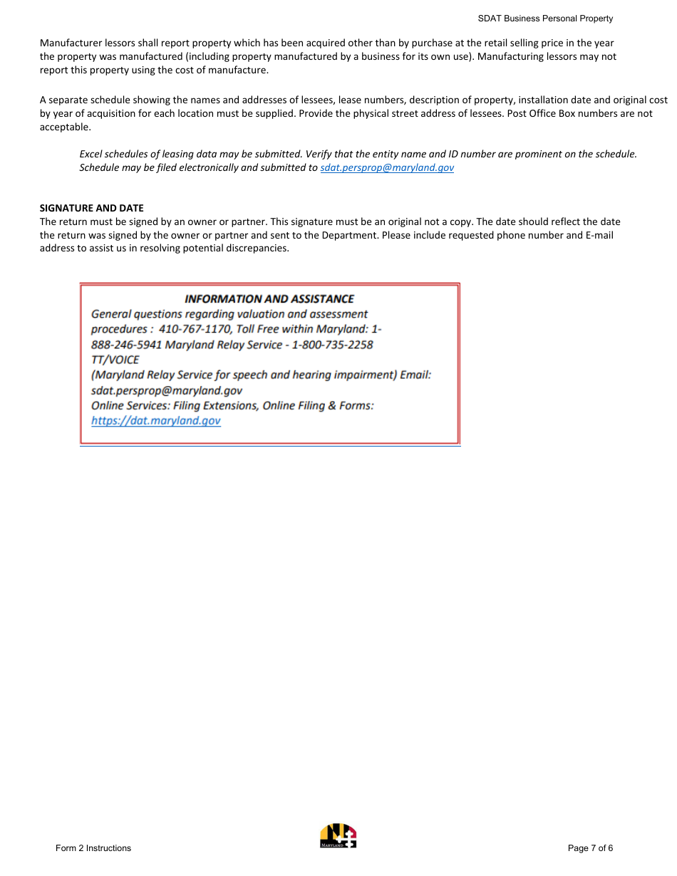 Instructions for Form 2 Business Personal Property Return - Sole Proprietorship and General Partnerships - Maryland, Page 7