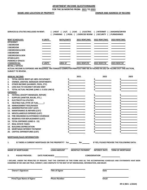 Form RP-6 Apartment Income Questionnaire - Maryland, 2023