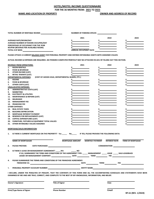 Form RP-61 Hotel/Motel Income Questionnaire - Maryland, 2023