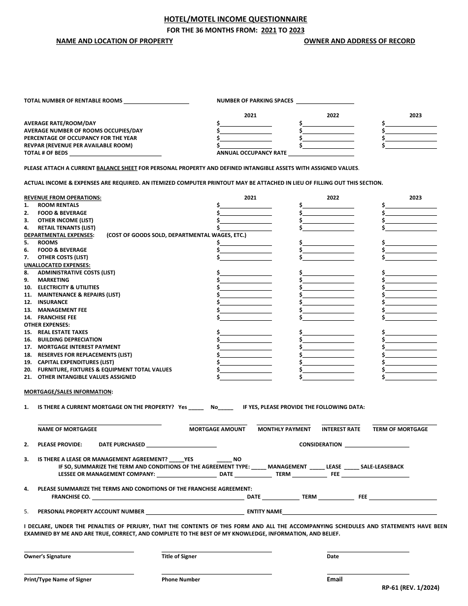 Form RP-61 Hotel / Motel Income Questionnaire - Maryland, Page 1