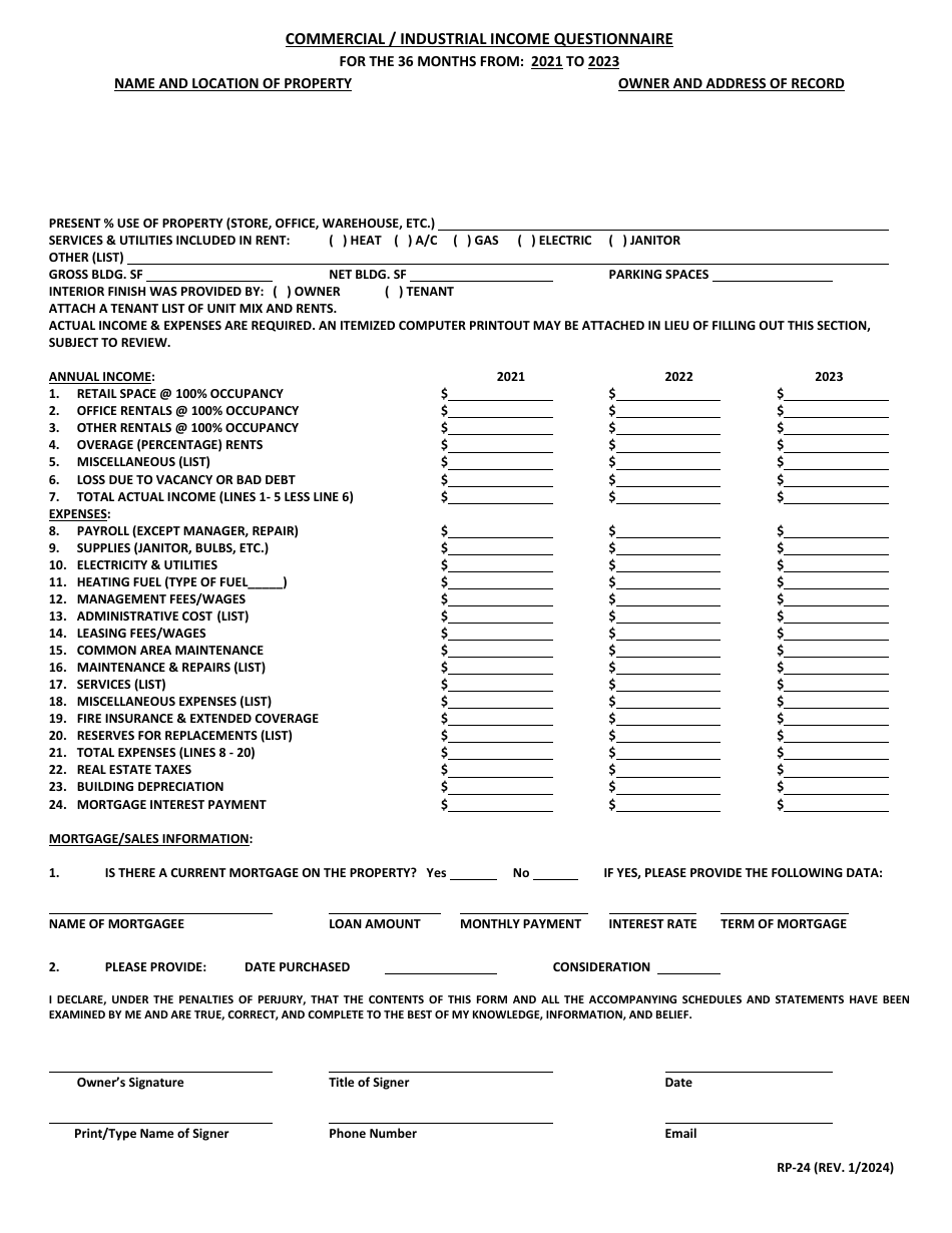 Form RP-24 Commercial / Industrial Income Questionnaire - Maryland, Page 1