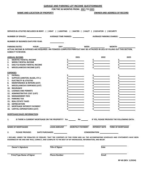 Form RP-60 Garage and Parking Lot Income Questionnaire - Maryland, 2023