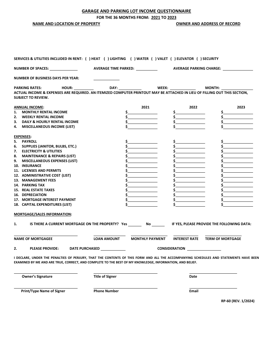 Form RP-60 Garage and Parking Lot Income Questionnaire - Maryland, Page 1