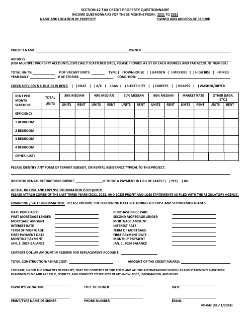 Form RP-042 Section 42 Tax Credit Property Questionnaire - Maryland, 2023