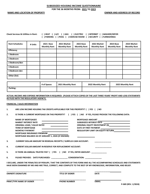 Form P-069 Subsidized Housing Income Questionnaire - Maryland, 2023
