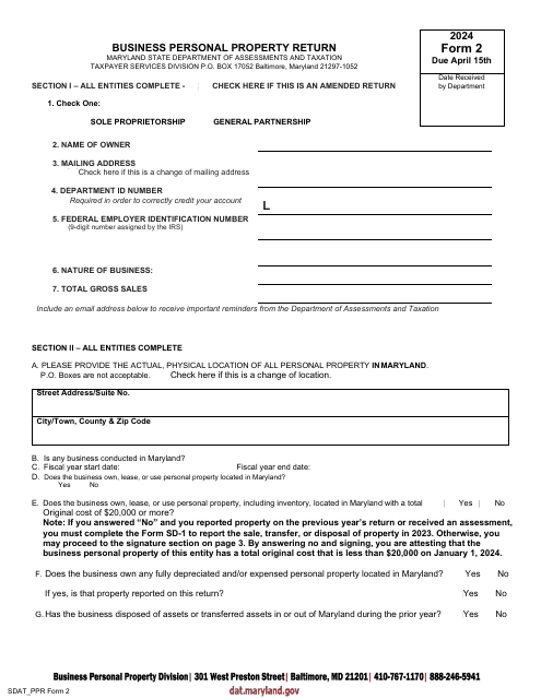 Form 2 Business Personal Property Return - Sole Proprietorship and General Partnerships - Maryland, 2024