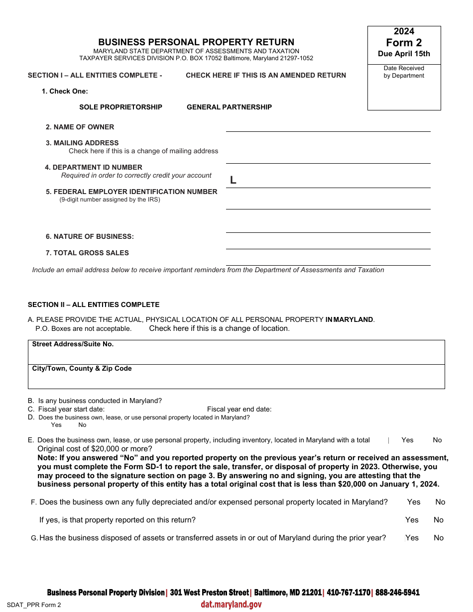 Form 2 Download Fillable PDF or Fill Online Business Personal Property