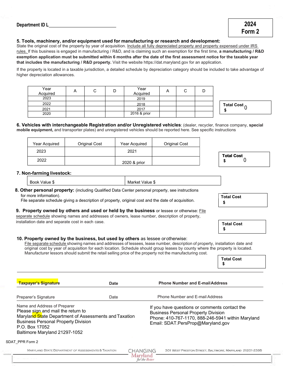 Form 2 Business Personal Property Return - Sole Proprietorship and General Partnerships - Maryland, Page 3
