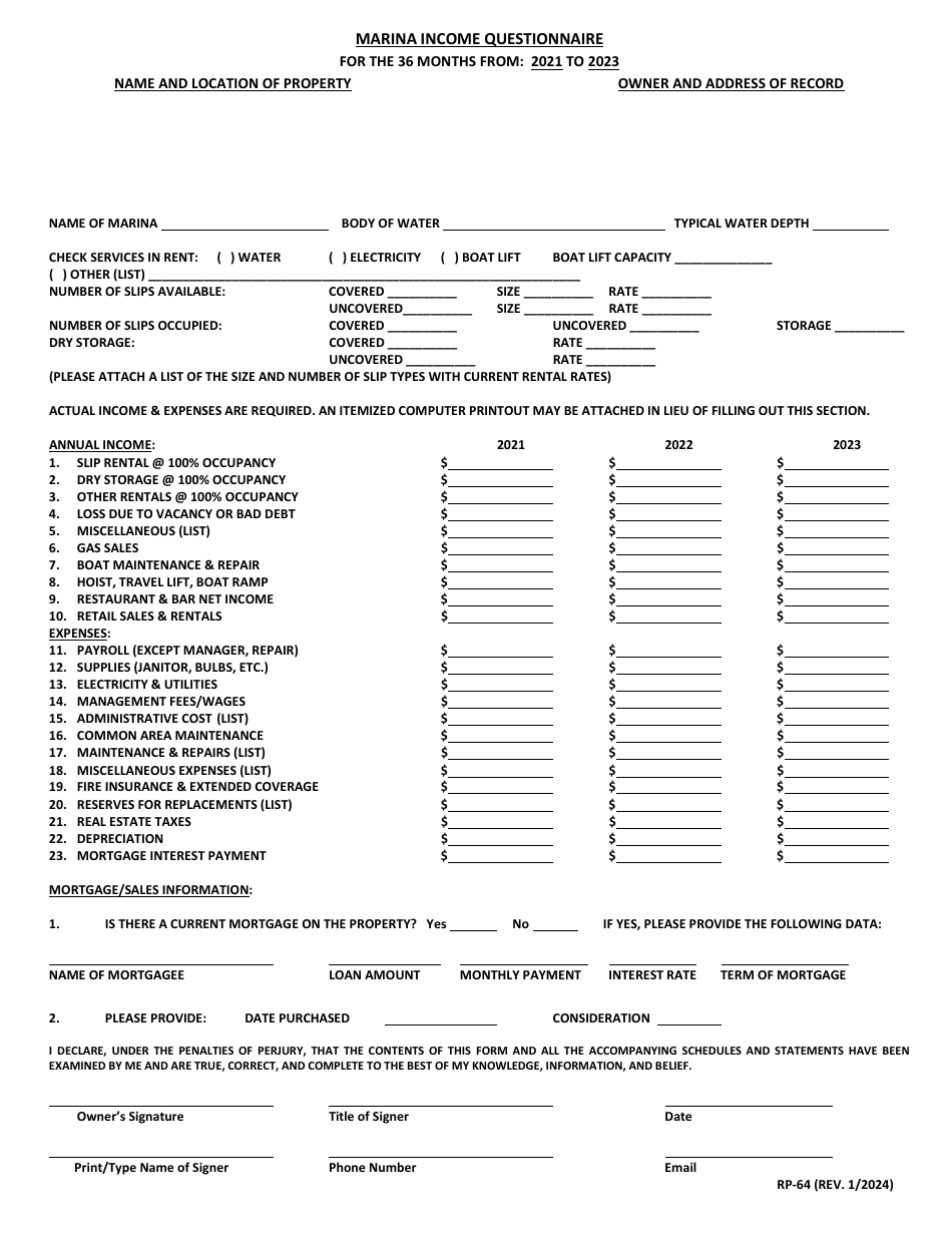 Form RP-64 Marina Income Questionnaire - Maryland, Page 1