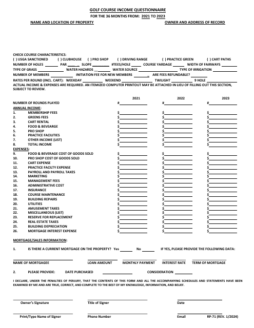 Form RP-71 Golf Course Income Questionnaire - Maryland, 2023