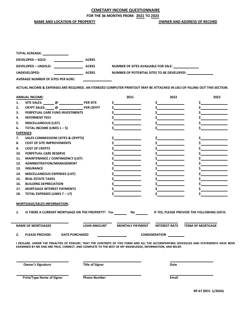 Form RP-67 Cemetary Income Questionnaire - Maryland, 2023