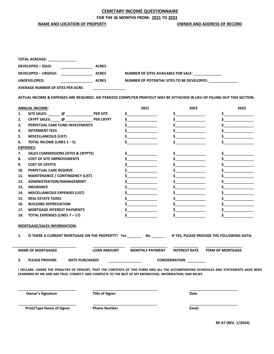 Form RP-67 Cemetary Income Questionnaire - Maryland, Page 1