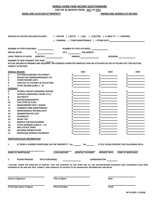 Form RP-10 Mobile Home Park Income Questionnaire - Maryland, 2023