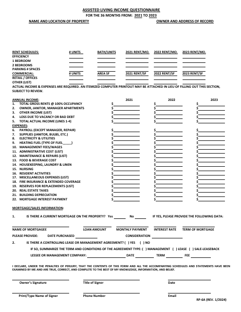 Form RP-6A Assisted Living Income Questionnaire - Maryland, 2023