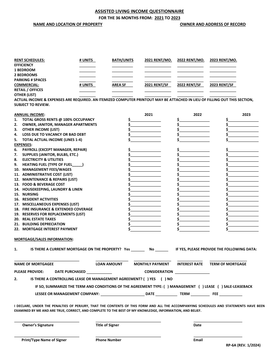 Form RP-6A Assisted Living Income Questionnaire - Maryland, Page 1