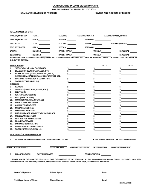 Campground Income Questionnaire - Maryland Download Pdf