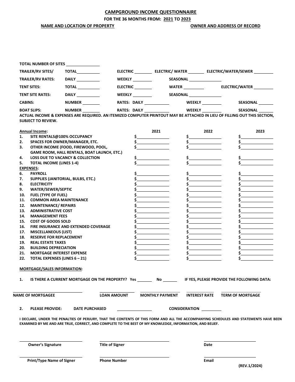 Campground Income Questionnaire - Maryland, Page 1