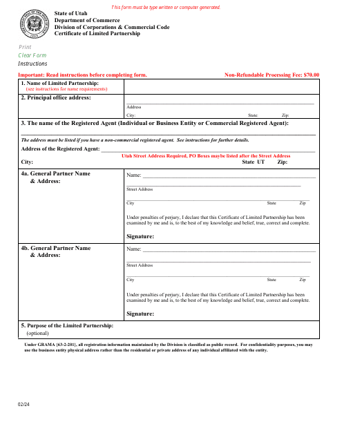 Certificate of Limited Partnership - Utah Download Pdf