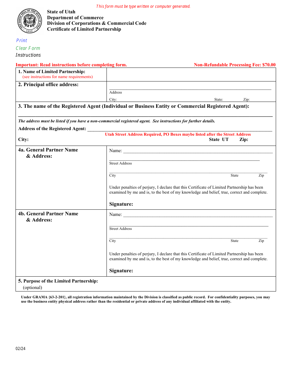 Utah Certificate of Limited Partnership Download Fillable PDF 2014 ...