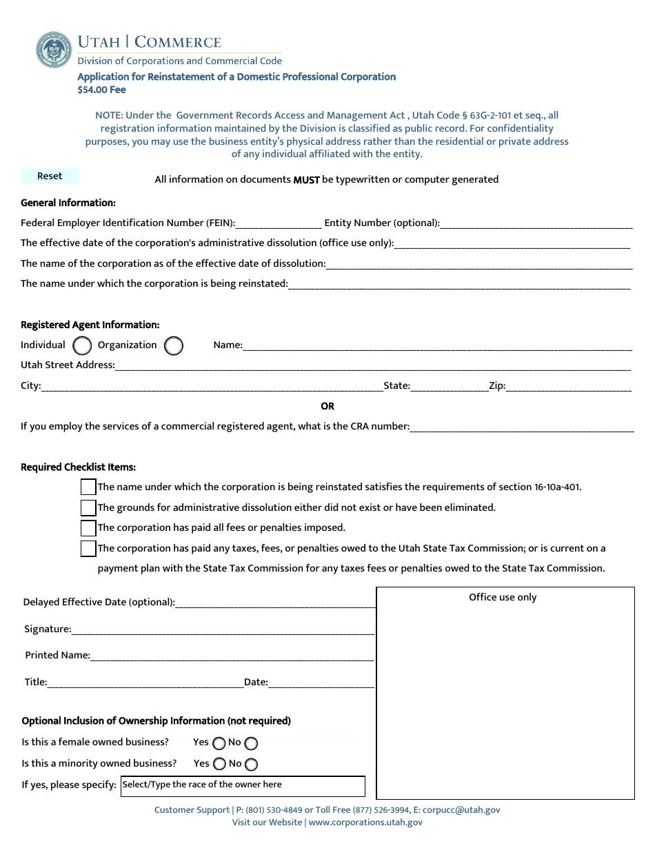 Application for Reinstatement of a Domestic Professional Corporation - Utah, Page 1