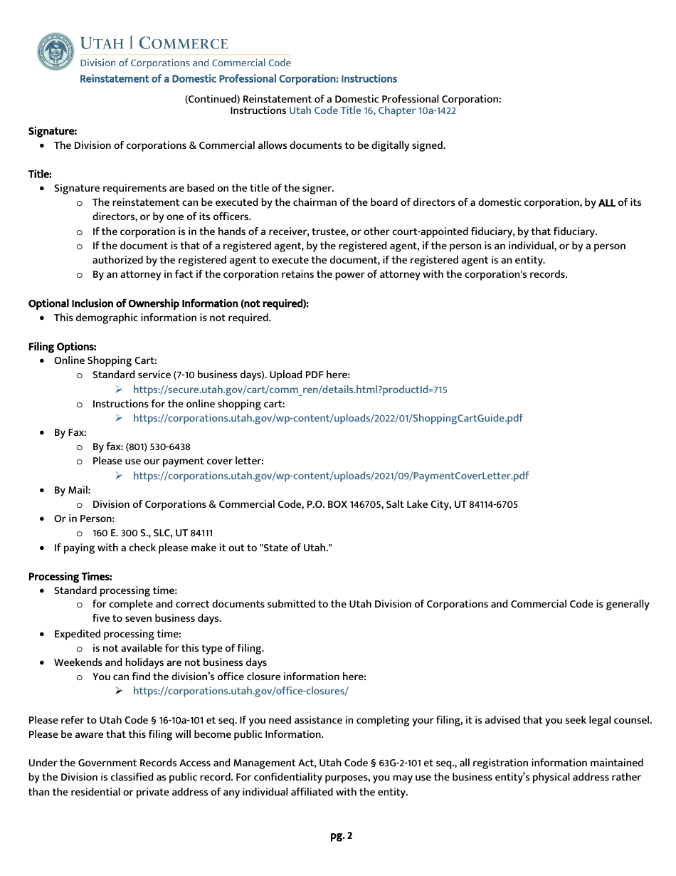Application for Reinstatement of a Domestic Professional Corporation - Utah, Page 4