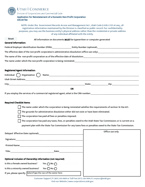 Application for Reinstatement of a Domestic Non-profit Corporation - Utah Download Pdf