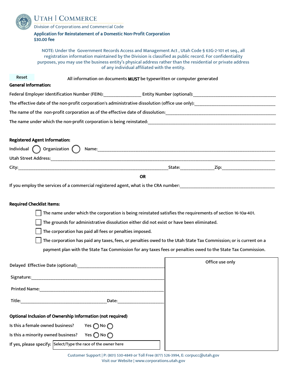 Application for Reinstatement of a Domestic Non-profit Corporation - Utah, Page 1