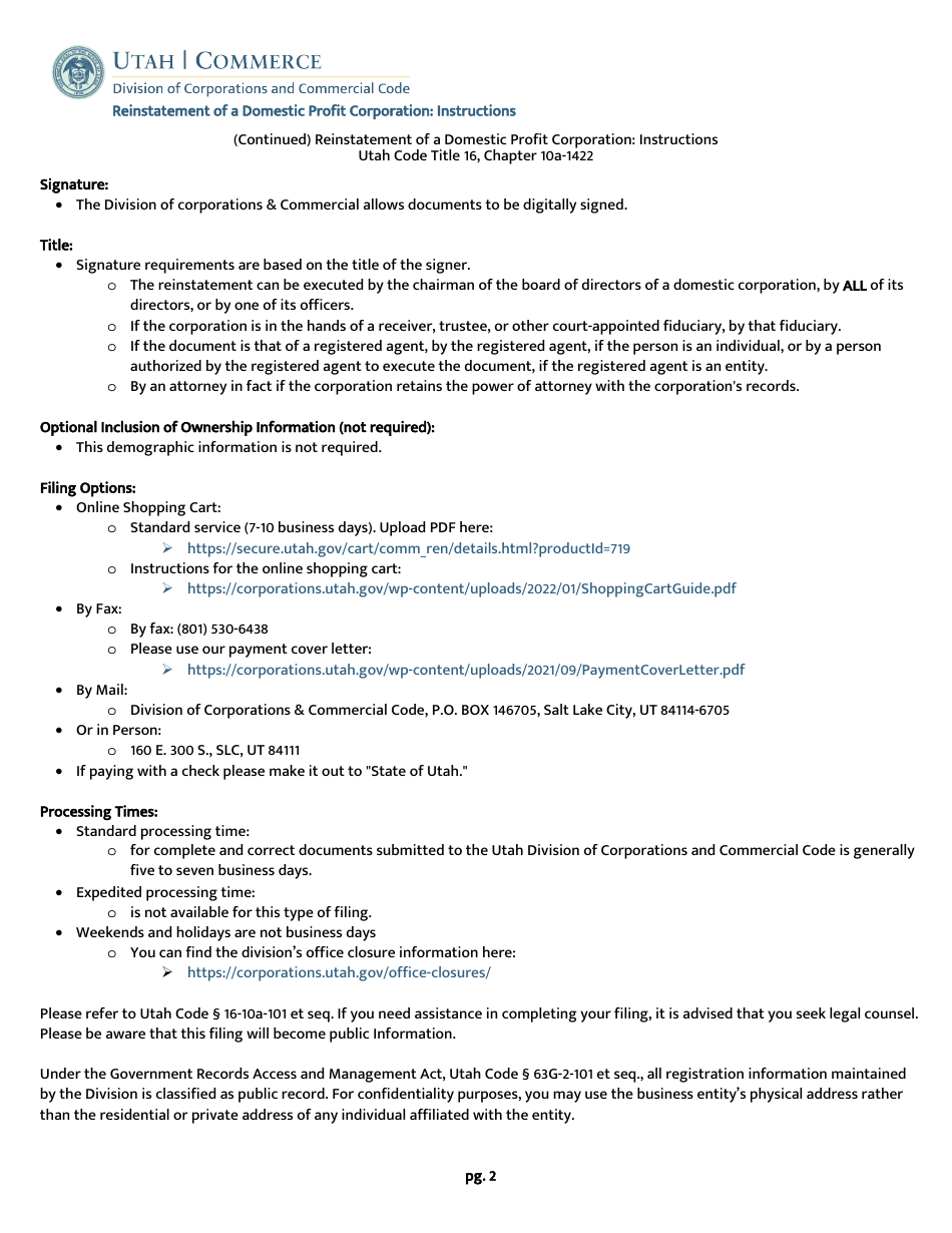 Application for Reinstatement of a Domestic Non-profit Corporation - Utah, Page 4
